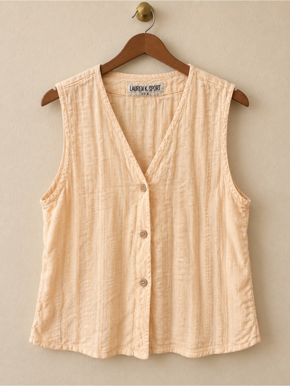 Peach Cream Sleeveless Button-Front V-Neck Top